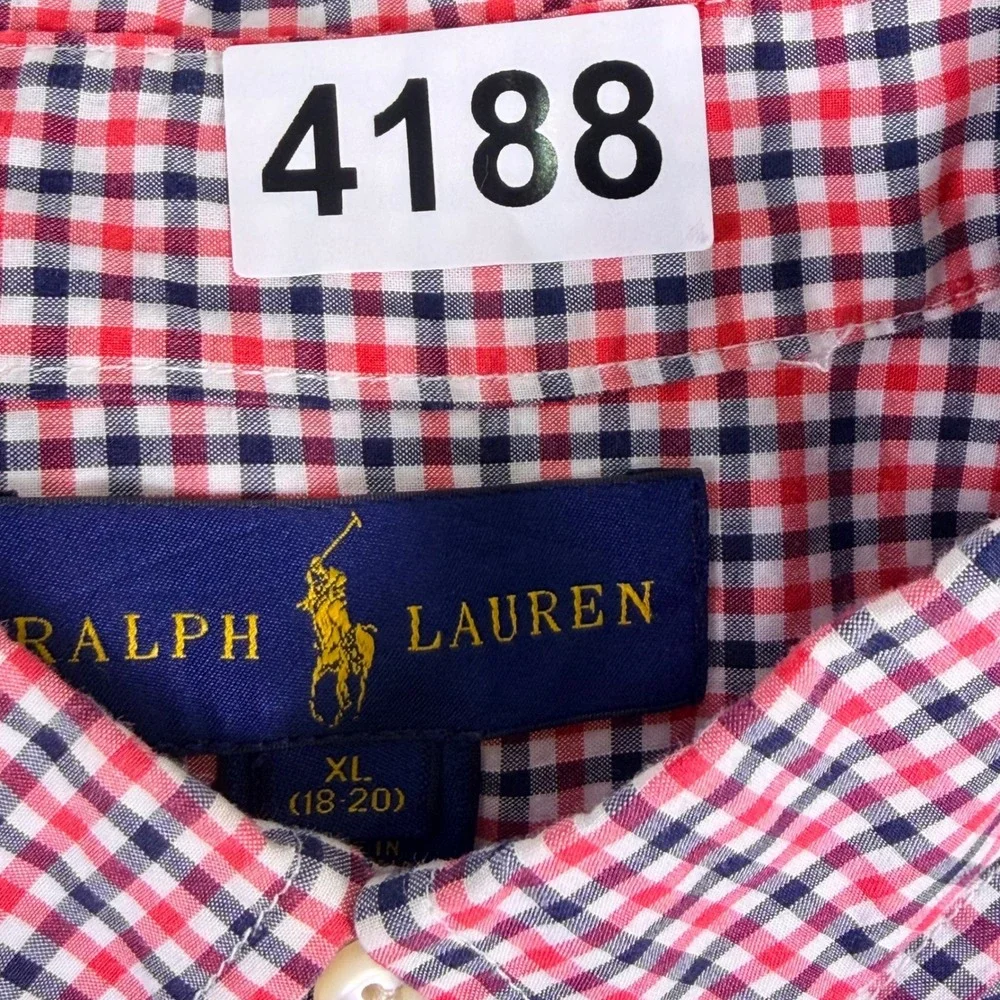 Ralph Lauren Button Down Boy Youth XL 18-20 Red Black Gingham Plaid Preppy Shirt